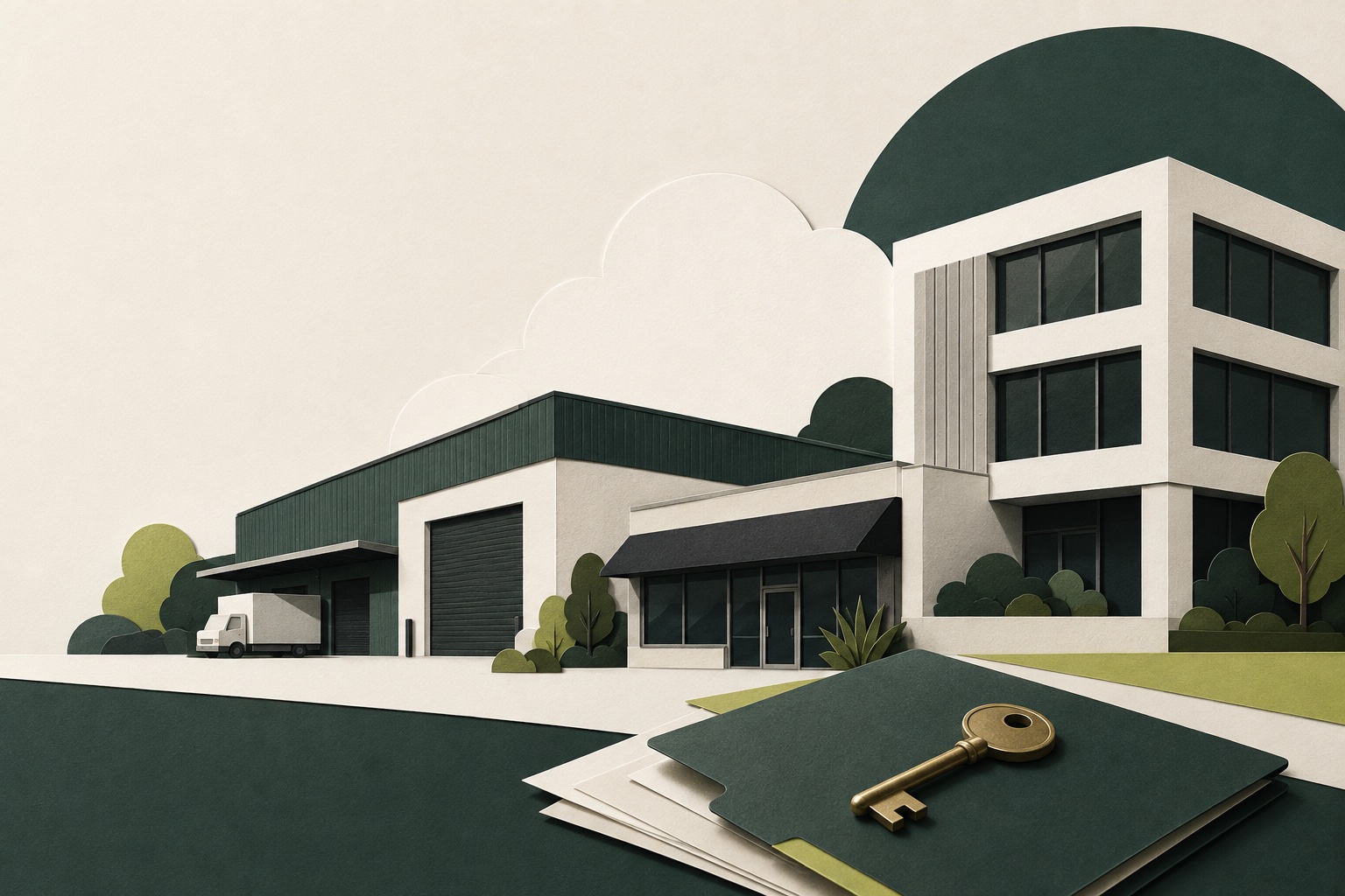 Green-toned conceptual illustration of commercial buildings and business activity